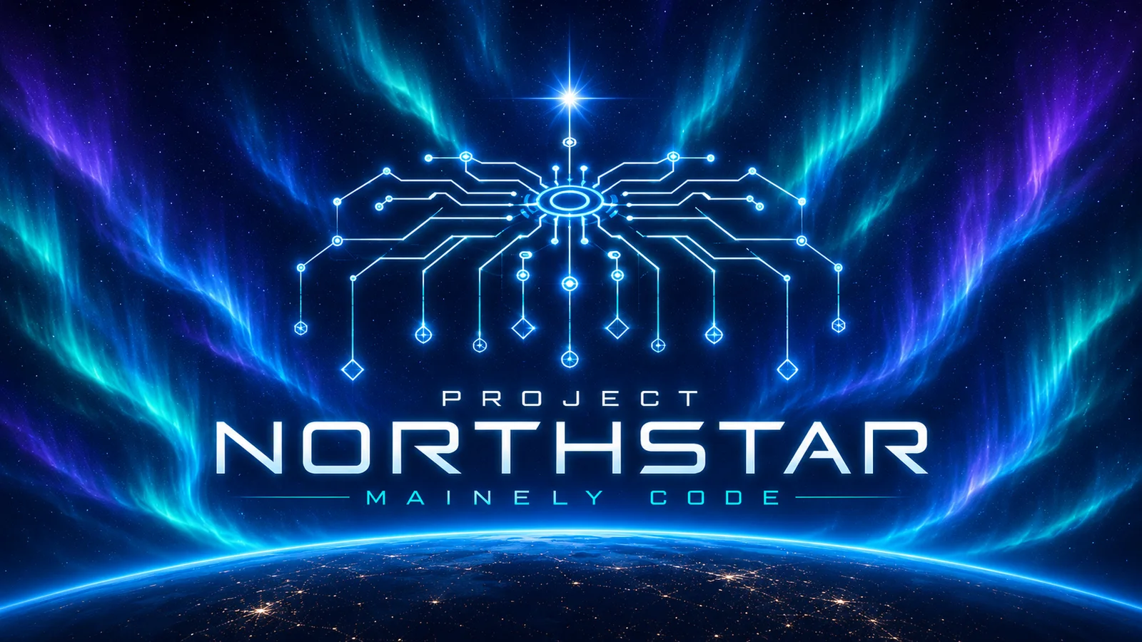 Original Project NORTHSTAR logo: a luminous star, branching circuitry and the Mainely Code wordmark above Earth